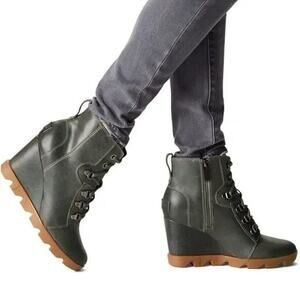 Sorel Womens Joan Uptown Wedge‎ Heel Boot Lace Up Zip Leather Gray Size 9.5
